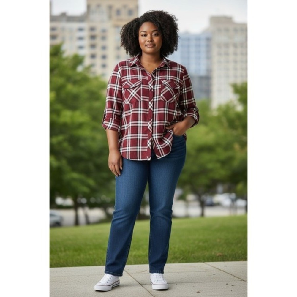 Torrid Womens Plus Size 3 Burgundy Plaid Rayon Button Down Roll Tab Sleeve Shirt
